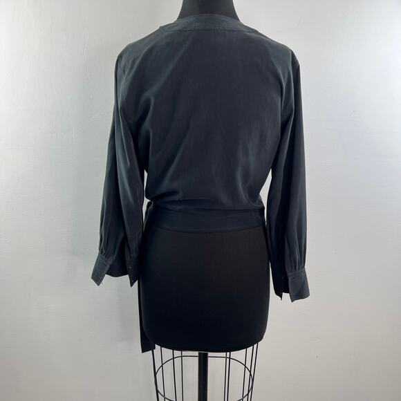 EVERLANE The Washable Black Crop Wrap Blouse Silk V-Neck Tie-Waist Size Small S - Picture 6 of 8